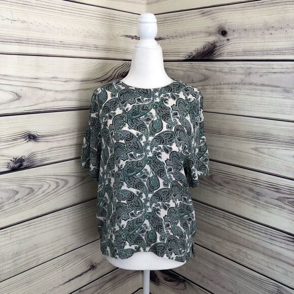 H&M White and Green Paisley Patterned Short Sleeve Shirt Size 2 - Picture 1 of 7